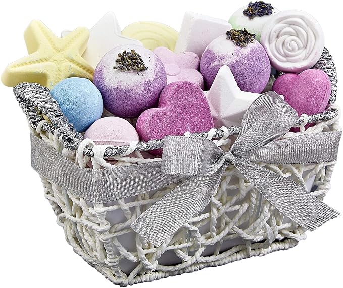 Christmas Bath Bombs Gift Set for Women, 17 Large Bath Fizzies in Assorted Colors, Shapes & Scents,Bath and Body Spa Set with Shea & Coco Butter–Ultra Rich Spa Set in Handmade Weaved Basket