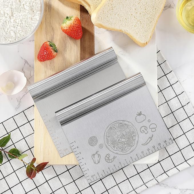 2PCS Bench Dough Scraper Cutter, LCCOWOT Stainless Steel Kitchen Food Scraper Chopper with Matched Protective Cover, 6 inch Bench Knife for Banking & Cooking (2Pack, Silver)