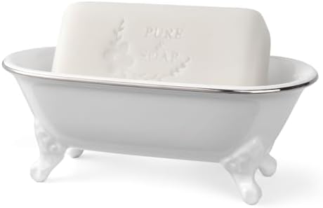 Mini Clawfoot Bathtub Soap Dish,Bar Soap Holder,White Silver Rim by NEWHENGS
