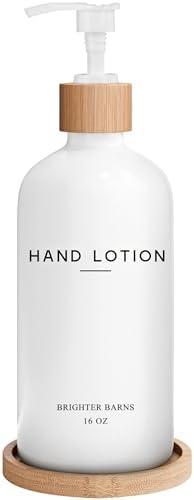 White Glass Lotion Dispenser with Pump Bathroom Set by Brighter Barns - Hand Lotion Dispenser with Tray - Modern Bathroom Decor - Boho Bedroom Decor for Housewarming Gift, Airbnb, Hotel (White) by BrighterBarns