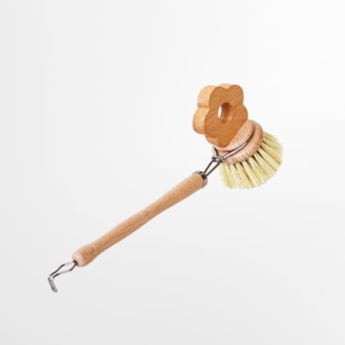 Kitchen Natural Beechwood Dish Brush with Handle Sisal Bristle Fruit Vegetable Scrubber Small Wooden Brush Designed for Cleaning Pot, Pan, Plate, Bowl and Utensil (Handle, Flower Shaped) by SHINCULSUN