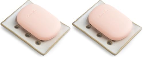 Soap Dish with Self Drain, Bar Soap Holder for Bathroom and Kitchen Sink, Rectangular Soap Dishes for Shower Ceramic Soap Saver, Japanese Soap Tray, White (Pack of 2) by Cormomu
