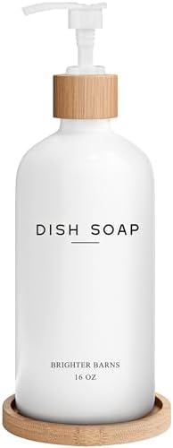 White Glass Dish Soap Dispenser for Kitchen Sink by Brighter Barns - Kitchen Soap Dispenser Set with Tray - Bamboo Pump Bottle - Neutral Minimalist Home Decor in RV, Office, Home, Airbnb, Gift (White) by BrighterBarns