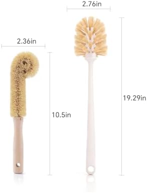 2-Piece Kitchen Brush Set - Includes 1 Plastic Handle Ponytail Cup Brush & 1 Wooden Handle Coconut Scrubber - Cleaning Kit for Bottles & Pots - Image 2