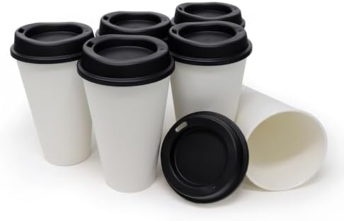 Rolling Sands USA Made 16 oz Reusable Coffee Cups with Lids 6 Pk, To Go Travel Cups, Hot or Cold Drinks, Dishwasher and Microwave Safe, White Cups, Black Lids by RollingSands