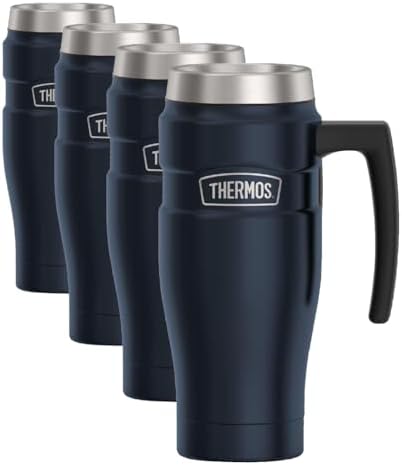 THERMOS Stainless King Vacuum-Insulated Travel Mug with Handle-16oz,Midnight Blue-Thermos Tumbler for Hot&Cold Drinks-Leak&Sweat-Proof Stainless Steel Coffee Mug with Lid for Commuting,(Pack of 4) by Thermos