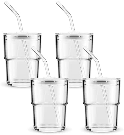 BLUEPOLAR 13 oz Tumbler Water Glass, Water Bottle with Straw and Dustproof Lid, Coffee Ice Cup Double Wall Insulated Glass Cup (White-4pack) by BLUEPOLAR