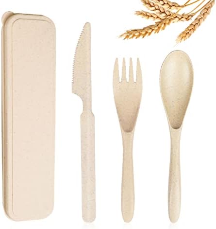 YDYTOP Reusable Travel Utensils Set with Case, Beige Wheat Straw Portable Knife Fork Spoons Tableware, Eco-Friendly BPA Free Cutlery for Kids and Adults as Travel Picnic Camping Utensils by YDYTOP