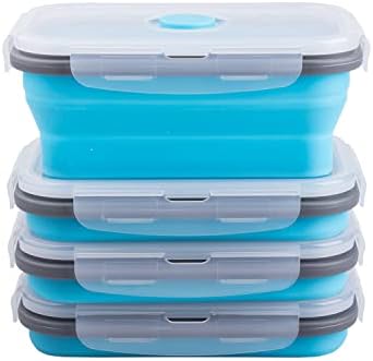 Collapsible Food Storage Containers with Airtight Lid & Air Vent, 16.9 oz, Kitchen Stacking Silicone Collapsible Meal Prep Container Set for Leftover, Microwave Freezer Dishwasher Safe, Blue, Set of 4 by Annaklin