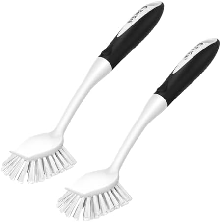 SetSail Dish Brush with Handle, 2 Pack Stiff Bristles Dish Scrubber with Built-in Scraper Dish Scrub Brushes for Cleaning Dishes, Pots and Pans, Kitchen Sink, White by SetSail