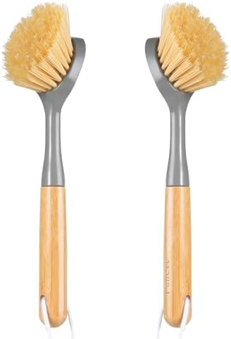 2 Pack Dish Brushes with Bamboo Handle, Kitchen Dish Scrubber Built-in Scraper, Scrub Brush for Pans, Pots, Counter & Kitchen Sink Cleaning, Dishwashing and Cleaning, Perfect Cleaning Tools, Gray by FunCee