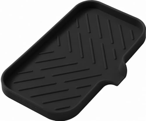 MicoYang Silicone Soap Dish with Drain Spout — Self-Draining Sink Organizer Tray for Bathroom & Kitchen, Sponges, Dispensers & Soap Holder, Non-Slip & Dishwasher Safe, Black (Medium, 9.6"×5.3") by MicoYang