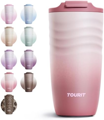 TOURIT 16 oz Insulated Travel Coffee Mug Stainless Steel Tumbler, Rose by TOURIT