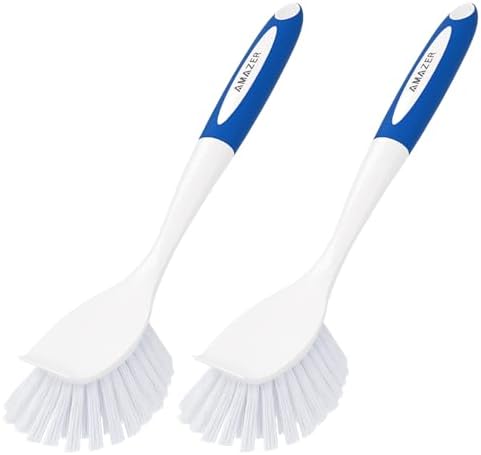 Amazer Dish Brush with Handle, 2 Pack Kitchen Scrub Brushes with Built-in Scraper for Cleaning, Dish Scrubber with Stiff Bristles for Sink, Pots, Pans (Blue+Blue) by Amazer