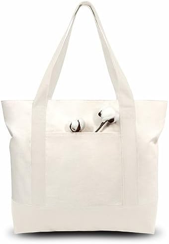 TOPDesign 3-Pack Canvas Tote Bags with an External Pocket, Reusable Grocery Shopping Bags, Top Zipper Closure, Daily Essentials (Natural) by TOPDesign