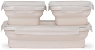 Drip EZ Secondz Collapsible Food Storage Containers (set of 3) - Meal Prep, Leftovers, Lunch, Camping, Hiking - Dishwasher & Microwave Safe - BPA-free Silicone - Locking Lids - Sandstone by DripEZ