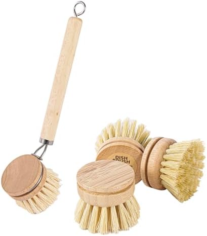 Wooden Dish Brush Set with 3 Replaceable Brush Heads,Natural Sisal Fibers Bristle Scrubber for Kitchen Cleaning,Ideal for Pots,Dishes,Pans,Vegetables and Sink,Durable and Eco-Friendly by Unknown