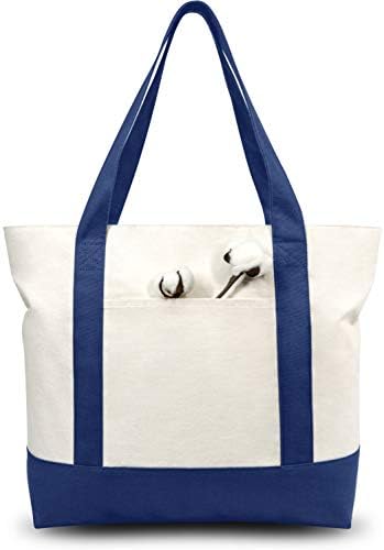 TOPDesign 6-Pack Canvas Tote Bags with an External Pocket, Reusable Grocery Shopping Bags, Top Zipper Closure, Daily Essentials (Blue/Natural) by TOPDesign
