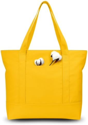 TOPDesign 3-Pack Canvas Tote Bags with an External Pocket, Reusable Grocery Shopping Bags, Top Zipper Closure, Daily Essentials (Yellow) by TOPDesign