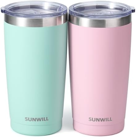 SUNWILL Travel Coffee Mug with Lid, 20 oz Tumbler Set of 2, Insulated Stainless Steel Cup for Water, Tea, Powder Coated Sakura & Mint by SUNWILL
