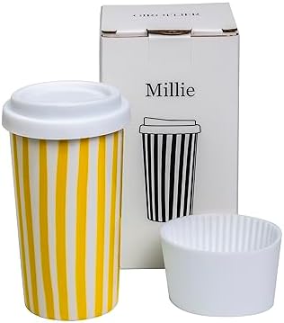 Ceramic Travel Mug with Lid 12 oz Cute Coffee Cup for Women & Men, Bright Aesthetic Travel Mug, Microwave & Dishwasher Safe, Fits Car Cup Holder (Yellow) by Giroflier