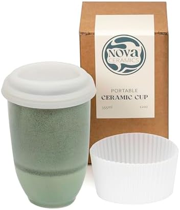 NOVA CERAMICS Travel Mug – Travel Coffee Tumbler – On the Go Coffee Mug – Microwave & Dishwasher Safe Green CoffeeTumbler - Gifts for Women Men Him Her – 12oz – Emerald by NovaCeramics
