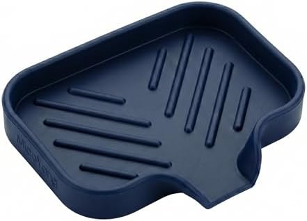 MicoYang Silicone Soap Dish with Drain Spout, Self-Draining Sink Organizer Tray for Bathroom and Kitchen, Sponges, Dispensers & Soap Holder, Non-Slip & Dishwasher Safe, Navy Blue (Compact, 4.9"×3.2") by MicoYang