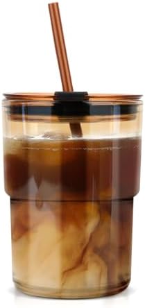 Luxfuel 13 oz Glass Cups with Lids and Straws Reusable Iced Coffee Tumbler by Luxfuel