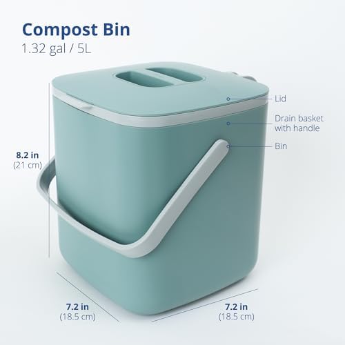 Blue Ginkgo Kitchen Compost Bin, 1.32 gal/5L Countertop Compost Bin, Green - Image 2
