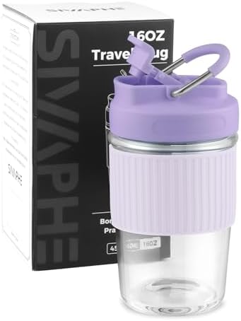 Sivaphe Reusable Glass Ice Hot Coffee Cup 16 oz, Portable Travel Mug with Spill-Proof Lid and Thermal Sleeve for Home Office Purple by Sivaphe
