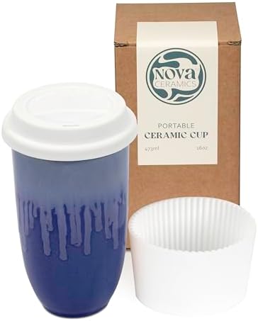 NOVA CERAMICS Ceramic Tumbler– Blue Ceramic Mug – Microwave & Dishwasher Safe Coffee White & Orange Tumbler - Leak-Proof Coffee Travel Mug – 16oz – Neptune by NovaCeramics