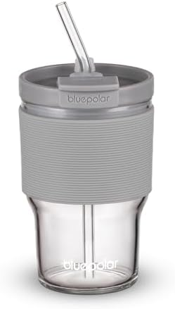 Glass Cups with Lids and Straws,16oz/480ml Reusable Iced Coffee Glasses & Juice Bottles,Cold Brew Tumblers with Leakproof Lids,BPA-Free Glass Jars for Juicing,Matcha,Tea,Smoothie (Grey with Sleeve) by BLUEPOLAR