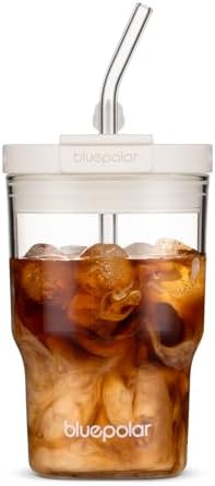 BLUEPOLAR 16oz/480ml Iced Coffee Cups With Lids And Straws,Reusable Leakproof Glass Tumbler,Water Bottles,Cold Brew,Drinking Jars For Juicing,Matcha,Tea,Smoothie For Travel,Office (Off-White) by BLUEPOLAR