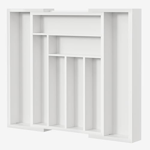 Pipishell Bamboo Expandable Drawer Organizer for Utensils Holder, Adjustable Cutlery Tray, Wood Drawer Dividers Organizer for Silverware, Flatware, Knives in Kitchen, Bedroom, Living Room (White) by Pipishell