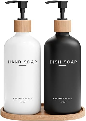 Luxury Glass Hand and Dish Soap Dispenser Set by Brighter Barns - Kitchen Soap Dispenser Set with Tray - Bamboo Pump Bottle for Kitchen Sink - Boho Home Decor, Modern Decor in Restaurant (Black/White) by BrighterBarns