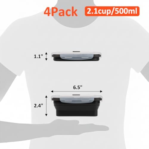 Collapsible Silicone Food Storage Containers Set with Lid & Air Vent,Foldable Lunch Containers(4PCS,Black,17oz) - Image 2