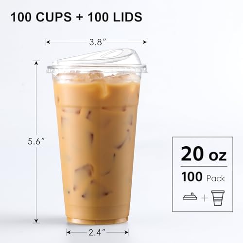 AOZITA 100 Pack 20 oz Plastic Cups With Strawless Sip-Lids, Iced Coffee Cups With Lid BPA Free, Disposable Clear Cup with Lid, To Go Cup for Smoothies, Party Drinks, Bubble Tea, Cold Beverage - Image 2