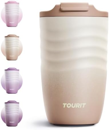 TOURIT 12 oz Travel Coffee Mug, Vacuum Insulated Stainless Steel Tumbler with Ripple-Wave Anti-Slip Grip, Built-in Silicone Bottom for Quiet & Stable, Leak-Proof Lid, Fits Car Cup Holder, Light khaki by TOURIT