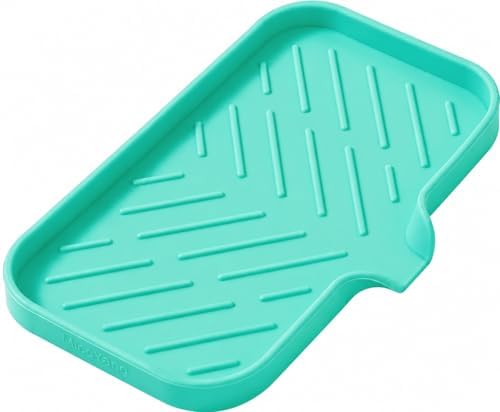 MicoYang Silicone Soap Dish with Drain Spout — Self-Draining Sink Organizer Tray for Bathroom & Kitchen, Sponges, Dispensers & Soap Holder, Non-Slip & Dishwasher Safe, Mint (Medium, 9.6"×5.3") by MicoYang
