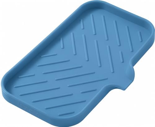 MicoYang Silicone Soap Dish with Drain Spout — Self-Draining Sink Organizer Tray for Bathroom & Kitchen, Sponges, Dispensers & Soap Holder, Non-Slip & Dishwasher Safe, Lichen Blue (Medium, 9.6"×5.3") by MicoYang