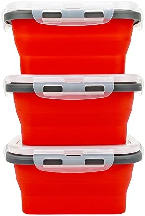 CCyanzi 3piece Collapsible Food Storage Containers with Lids, Silicone Lunch Container, Microwave & Freezer Safe, Space Saving for Kitchen Cabinet and Camping Backpack,(red gray) - Image 2