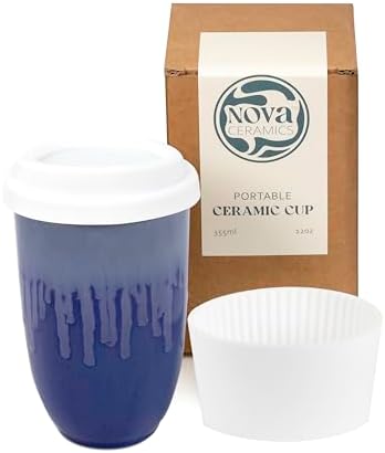 NOVA CERAMICS Ceramic Tumbler– Blue Ceramic Mug – Microwave & Dishwasher Safe Coffee White & Orange Tumbler - Leak-Proof Coffee Travel Mug – 12oz – Neptune by NovaCeramics