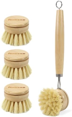Long Handle Bamboo Dish Brush with 4 Replacement Brush Heads by %C3%96KOSTAMM