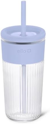 Ello Ava 18oz Glass Tumbler with Straw and Lid for Iced Coffee, Blueberry by Ello