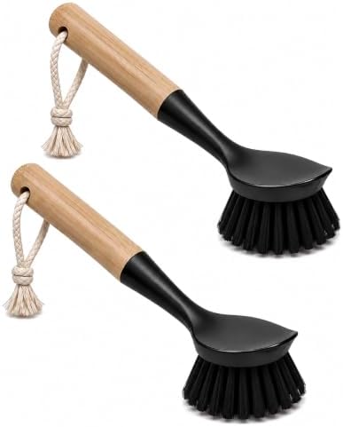 Kitchen Simple Bamboo Dish Brush with Built-in Scraper, 2 Pack Kitchen Brushes, Dense Black Bristles, Comfortable Grip, Hanging Rope, Scrub Brush for Pots, Pans, Dishes & Sink by Unknown