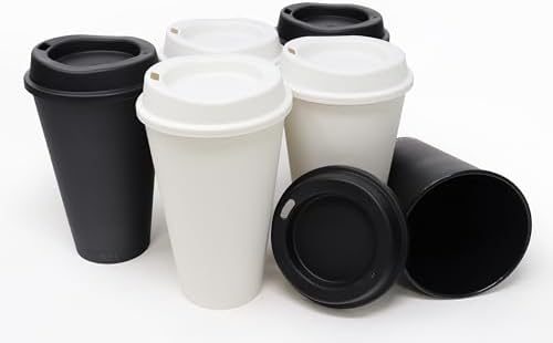 Rolling Sands USA Made 16 oz Reusable Coffee Cups with Lids 6 Pk, To Go Travel Cups, Hot or Cold Drinks, Dishwasher and Microwave Safe, Black and White Mix by RollingSands