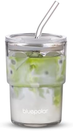 BLUEPOLAR 13oz/400ml Iced Coffee Cups with Lids and Straw，Sealed Carry On Thick Wall Glass Matcha Tumbler for Juice，Water, Late,Tea Fits Car Cup Holders for Office，Gym(Aurora White by BLUEPOLAR
