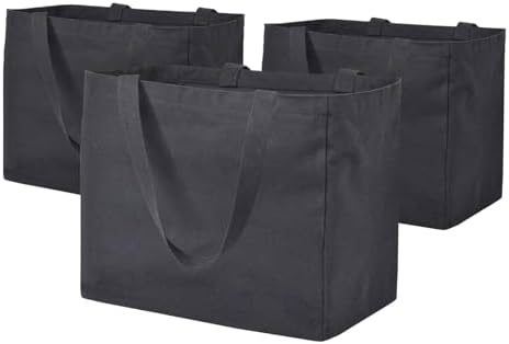 3 Pack Heavy Duty Reusable Canvas Grocery Bags, Holds 60 lbs, 8.3 gal Multi-Purpose Washable Bags with 5 Pockets, Black by CNaiyunpin