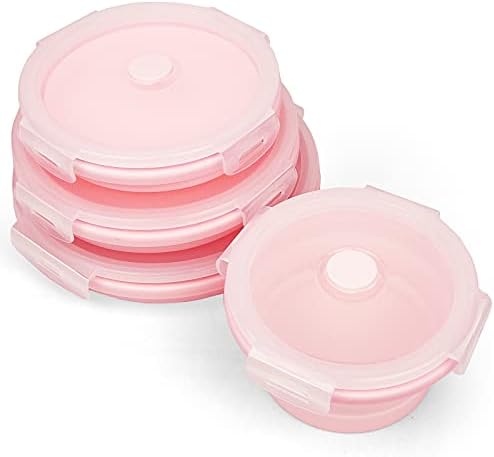 CARTINTS Silicone Collapsible Food Storage Containers-Prep/Storage Bowls with Lids – Set of 4 Round Silicone Lunch Containers – Microwave and Freezer Food Containers(pink) - Image 2