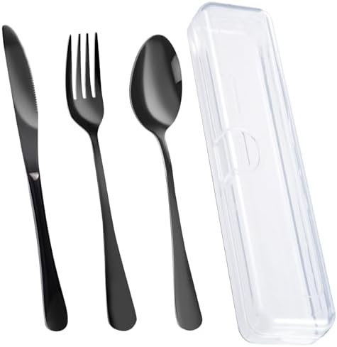 4PCS Premium Travel Utensils With Case, Stainless Steel Reusable Portable Utensils Set With Case, Lengnoyp Travel Silverware Set With Case for Lunch Box Includ Fork Spoon Knife Set, Black by lengnoyp